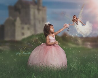 May include: A young girl in a pink princess dress reaches out to a fairy in a white dress, who is flying towards her with a flower. The fairy is surrounded by sparkling dust. The girl is standing in a field of green grass with a castle in the background.