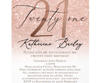 21st Pink Glitter birthday invitations