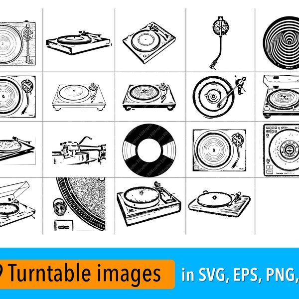 19 Turntable SVG Vector Graphics Bundle includes svg, png, eps, jpg files