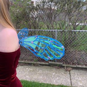 May include: Blue and green fairy wings with pink accents. The wings are attached to a person wearing a burgundy velvet dress. The wings are made of a transparent material with a blue frame.