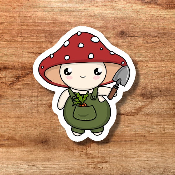 Little Farming Mushroom with a Trowel and Carrots, Cute Mushroom Person in Overalls Vinyl Sticker