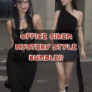 May include: A black lace camisole with a bow detail and a black one-shoulder top paired with a dark gray skirt. The image features the text OFFICE SIREN MYSTERY STYLE BUNDLE!! in red and white lettering overlaid on the clothing items.
