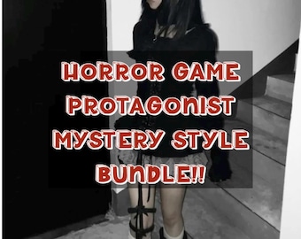 May include: Monochrome image of a person in a dark outfit with the text "HORROR GAME PROTAGONIST MYSTERY STYLE BUNDLE!!". The person is wearing a black top, skirt, and boots. A white floral headpiece is visible.