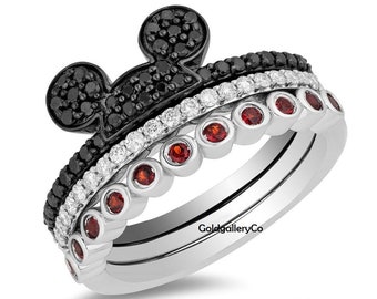 Mickey Mouse Ring,Enchanted Disney Vault Mickey Black White Garnet Trio Ring Set, Wedding Ring 925 Sterling Silver, Two Tone Silver Ring
