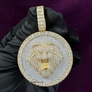 Iced out 3D Lion Face VVS Moissanite Diamond Pendant, Custom Lion Pendant, Hip Hop jewelry, Solid 925 Silver, yellow Plated, Pass Tester