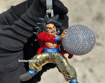 Hip Hop SON GOKU Pendant W/ 16 Full Iced Cuban & 1 ROW DIAMOND Choker Chain Set - Foto 4