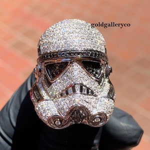 Custom Iced Out Stormtrooper Men&#39;s Ring in 925 Silver, Black & White Moissanite Diamond, Custom Hip Hop Ring, Mens Iced Out Ring