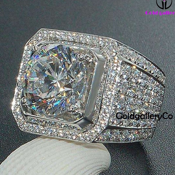 Men 925 Silver 4.5 CT Round Diamond Engagement Ring, Moissanite Diamond, Hip Hop Ring, Mens Iced Out Ring, Customize Ring, Pass Tester