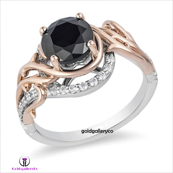 Anillo maléfica de villanos de Disney encantados personalizado 2 CT. Anillo de plata de ley 925 con diamantes simulados en blanco y negro mejorado, anillo de dos tonos