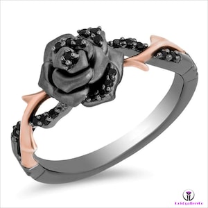 Sterling Silver Enchanted Disney Black Floral Ring Disney Princess Ring / Rose gold Plated Disney Ring / Engagement Ring For Her / Gift Ring