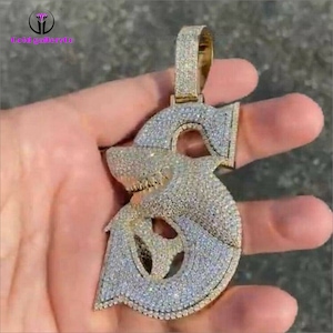 Colgante personalizado con el alfabeto "S" de tiburón helado, plata de ley 925, circonita cúbica y diamante moissanita, colgante de hip hop, colgante de hip hop personalizado.