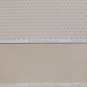 May include: Two samples of textured paper with a geometric pattern. The top sample is white with a light brown pattern. The bottom sample is light brown with a darker brown pattern. The text "TexturePapers.com" and "Design 100355A" are printed on the top sample. The text "TexturePapers.com" and "Design 100355B" are printed on the bottom sample.