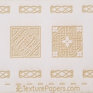 May include: A white textured paper with a repeating pattern of beige interlocking knots. The paper has a ruler with inches marked along the bottom. The text "TexturePapers.com" and "Design 100147" is printed at the bottom of the paper.
