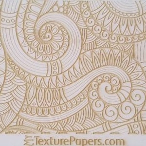 May include: A white background with a gold intricate pattern of swirls, lines, and geometric shapes. The design is reminiscent of a mandala or paisley pattern. The text "TexturePapers.com" and "Design 100245" is visible at the bottom of the image.
