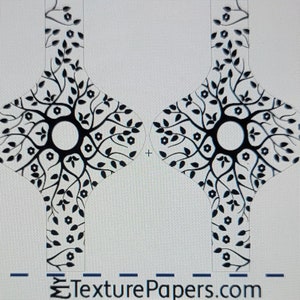 May include: A repeating pattern with a black tree design on a white background. The design includes a central circular element with branching lines and small circular details. The text "TexturePapers.com" and "Design 100579" are visible.