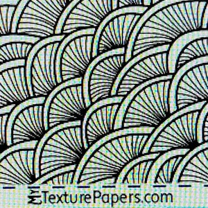 Op de afbeelding: Zwart-wit abstract patroon van overlappende waaiervormige vormen. Het patroon wordt herhaald in de hele afbeelding. De tekst "TexturePapers.com" en "Design 100412" is zichtbaar onderaan de afbeelding.