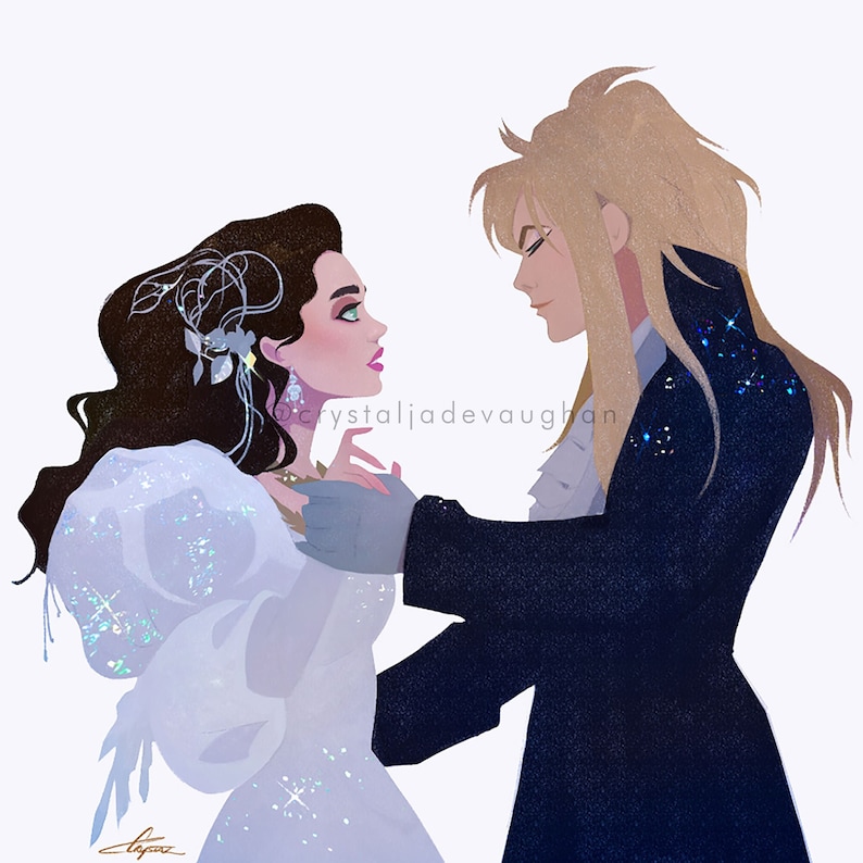 May include: A woman in a white gown with sparkling details looks at a man in a dark blue suit with a white collar. The man has long blond hair and is holding the woman's hand. The background is a light blue.