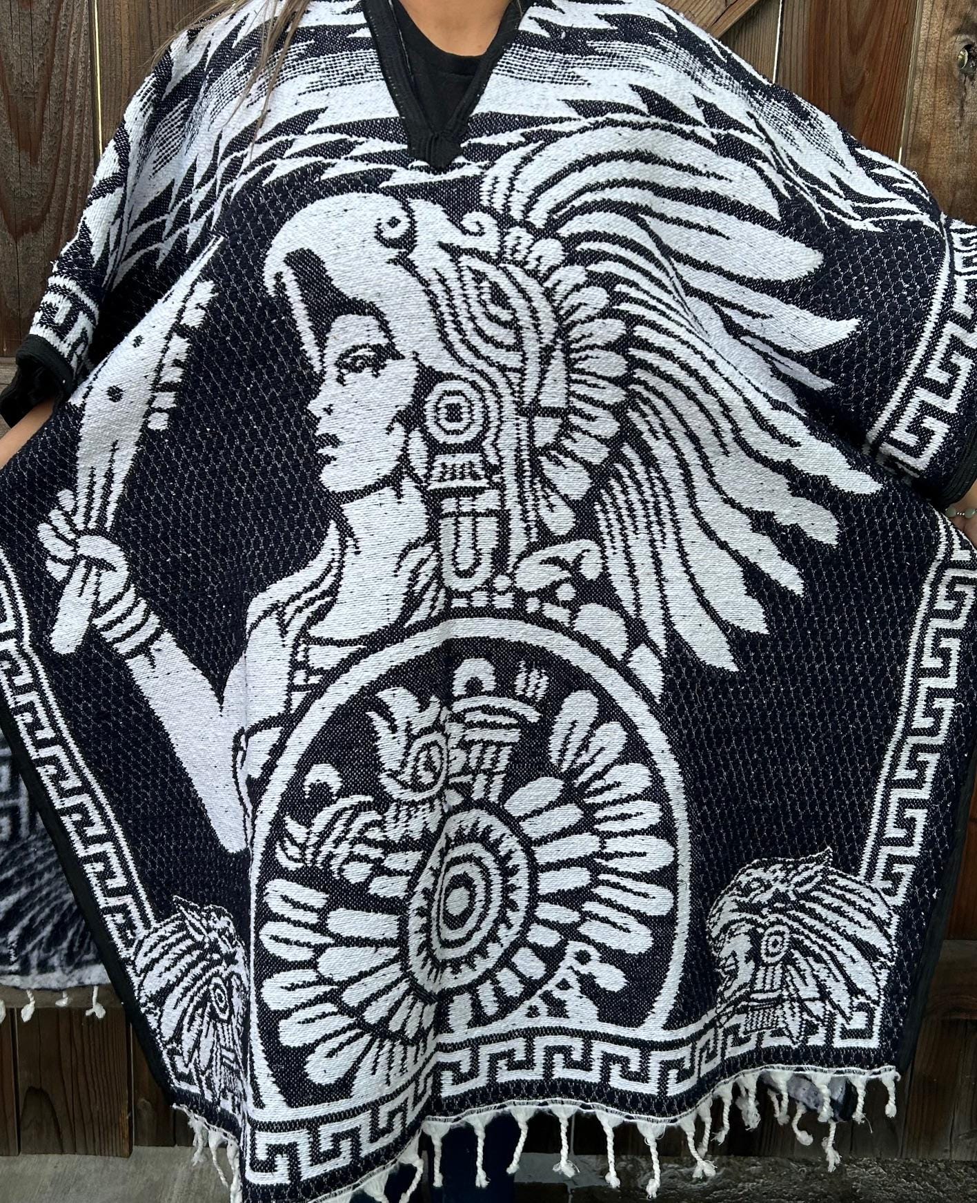 Mexican Wool PONCHO Aztec Warrior Mexicano De Lana Planchada Azteca Guerrero