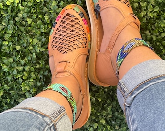 Handmade Leather Huaraches, Mexican Tan Sandals, Buckle Strap