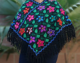 Hand Embroidered Mexican Poncho. Artisanal Mexican Poncho. Mexican Multicolor Poncho. Traditional Mexican Poncho, Punto de Cruz