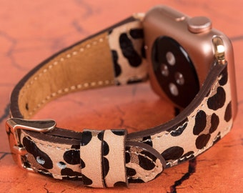 Leopard Printed Leather Apple Watch Band 38mm 40mm 41mm 42mm 44mm 45mm, Leopard iWatch Bracelet for 7 6 5 4 3 2 1 & SE, Apple iWatch Strap