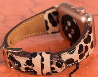 Christmas Gift, Leopard Print Leather Apple Watch Band: Handmade iWatch Strap