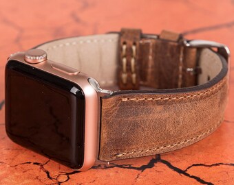 Christmas Gift, Vintage Brown Leather Apple Watch Band: Personalized iWatch Bracelet