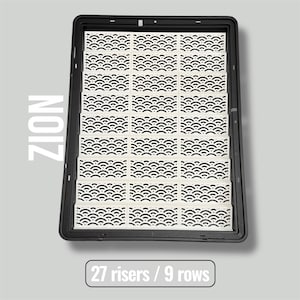 May include: A black rectangular tray with white wave-patterned risers. The text "ZION" is vertically displayed on the left side. The bottom of the image has a white box with the text "27 risers / 9 rows".