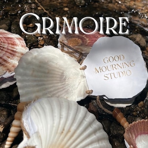 Könnte beinhalten: Ein handgefertigtes Buch mit weißen Jakobsmuschelschalen als Einband, die mit Bindfaden zusammengehalten werden, mit dem Text SEA WITCH GRIMOIRE oben und GOOD MOURNING STUDIO in Gold auf der Innenseite, umgeben von verschiedenen Muscheln.