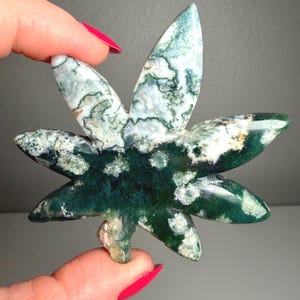 May include: A green and white moss agate leaf-shaped carving. The stone features a mix of dark green and white patterns, with a polished surface. The carving is held up by a hand with red nail polish.