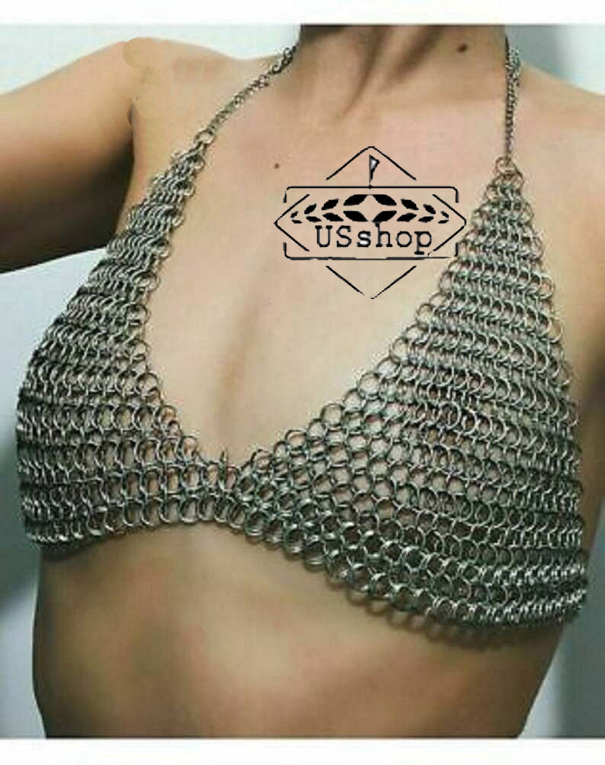 Aluminum Chainmail Silver Bra,Skirt and Coif, Hot Intimate Costume