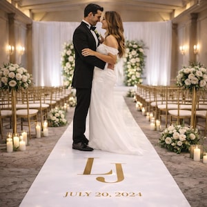 May include: A wedding ceremony scene with a couple embracing on a white aisle runner. The runner has gold initials and the date "July 20, 2024." The setting includes floral arrangements, candles, and gold chairs, creating an elegant atmosphere.