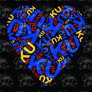 May include: A heart-shaped design made up of the letters "KU" in blue, yellow, and red. The letters are arranged in a random pattern to form the shape of a heart.