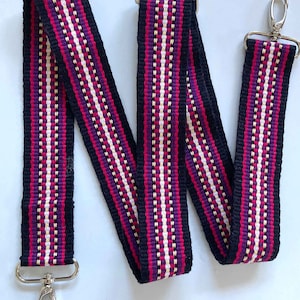 Cross-body Strap: Plain-weave hand woven band in black, fuchsia, purple & yellow