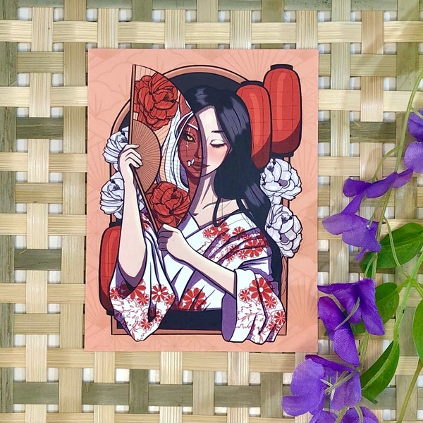 Oni Girl Postcard - Japanese Geisha Girl Mini Art Print - Red Oni with Fan Cardstock Art