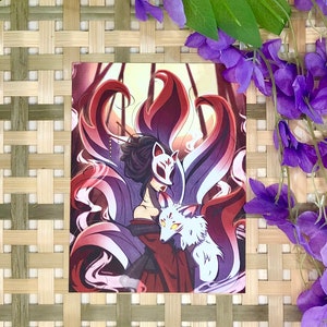 Kitsune Maske Mädchen Postkarte - Japanische Rotfuchs Maske Mini Kunstdruck - Yokai Fox Spirit Karton Kunst