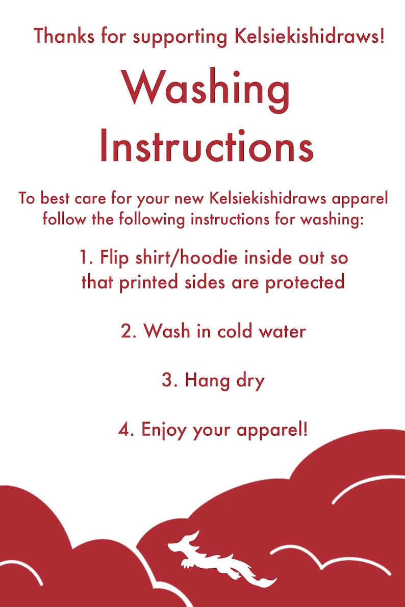 Op de afbeelding: Wasinstructies voor kleding. Draai het shirt of de hoodie binnenstebuiten, was het in koud water, hang het op om te drogen en geniet van je nieuwe kleding!