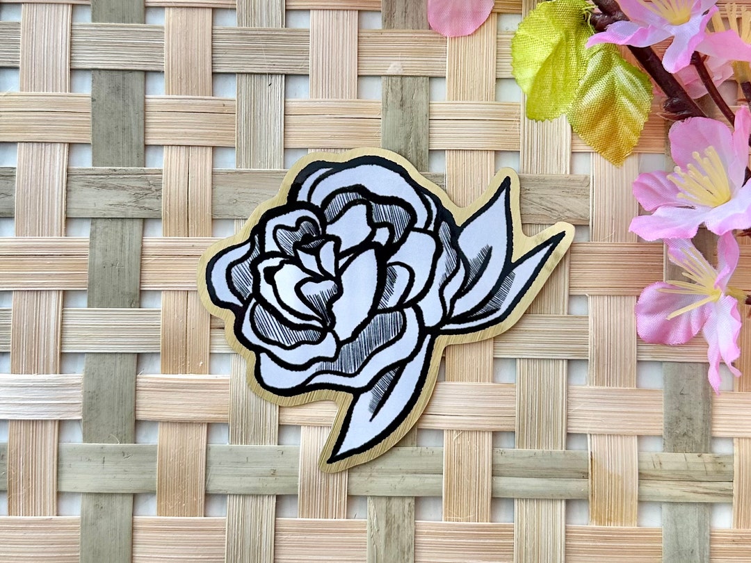 Black and White Rose Sticker - Paper Flower Brushed Gold Waterproof ...