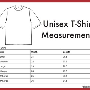 Op de afbeelding: Een tabel met de maten voor unisex T-shirts in inches. De tabel geeft de maten van S tot 3XL weer en bevat de breedte- en lengtemaat voor elke maat.
