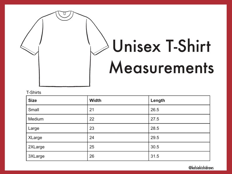 Op de afbeelding: Een tabel met de maten voor unisex T-shirts in inches. De tabel geeft de maten van S tot 3XL weer en bevat de breedte- en lengtemaat voor elke maat.