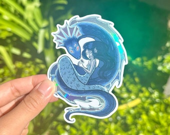 Aquamarine Mermaid and Dragon Holographic Sticker - Waterproof Vinyl Aqua Faerie Art - Water Fae and Sea Serpent Sticker