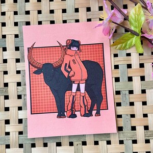 Jahr des Ochsen Postkarten | Sternzeichen Tiere Street Fashion Original Kunst | Chinesisches Neujahrsfest