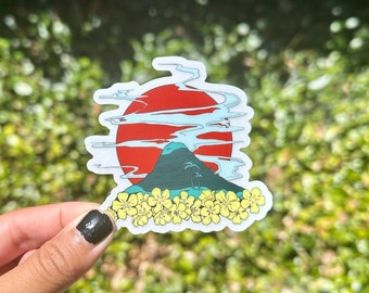 Chinaman's Hat Island Sticker - Waterproof Vinyl Hawaiian Rising Sun Sticker - Hawaiian Flowers and Moke