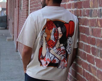 The Oni Girl Shirt | Unisex Geisha Yokai with Fan Oversized T-shirt Shirt | Anime Girl in Kimono Inspired Tee | Japanese Inspired Apparel