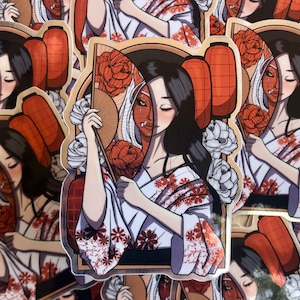 May include: Stickers featuring a geisha-inspired design. The artwork depicts a woman in a kimono, holding a fan, with half her face as a demon. The color palette includes white, red, and black.