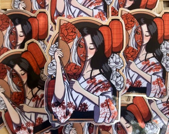 Oni Girl Matte Mirror Sticker - Geisha Fan Decal - Japanese Inspired Demon Girl