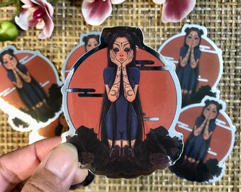 Meisje met Spacebuns spiegelsticker - meisje met tatoeages vinylsticker - glanzende bloemsticker