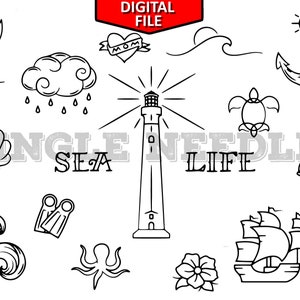 Sea Life Tattoo Flash Sheet Stencil for Real Stick and Poke Tattoos