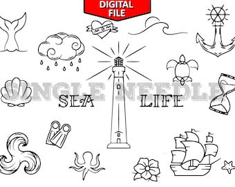 Sea Life Tattoo Flash Sheet Stencil for Real Stick and Poke Tattoos