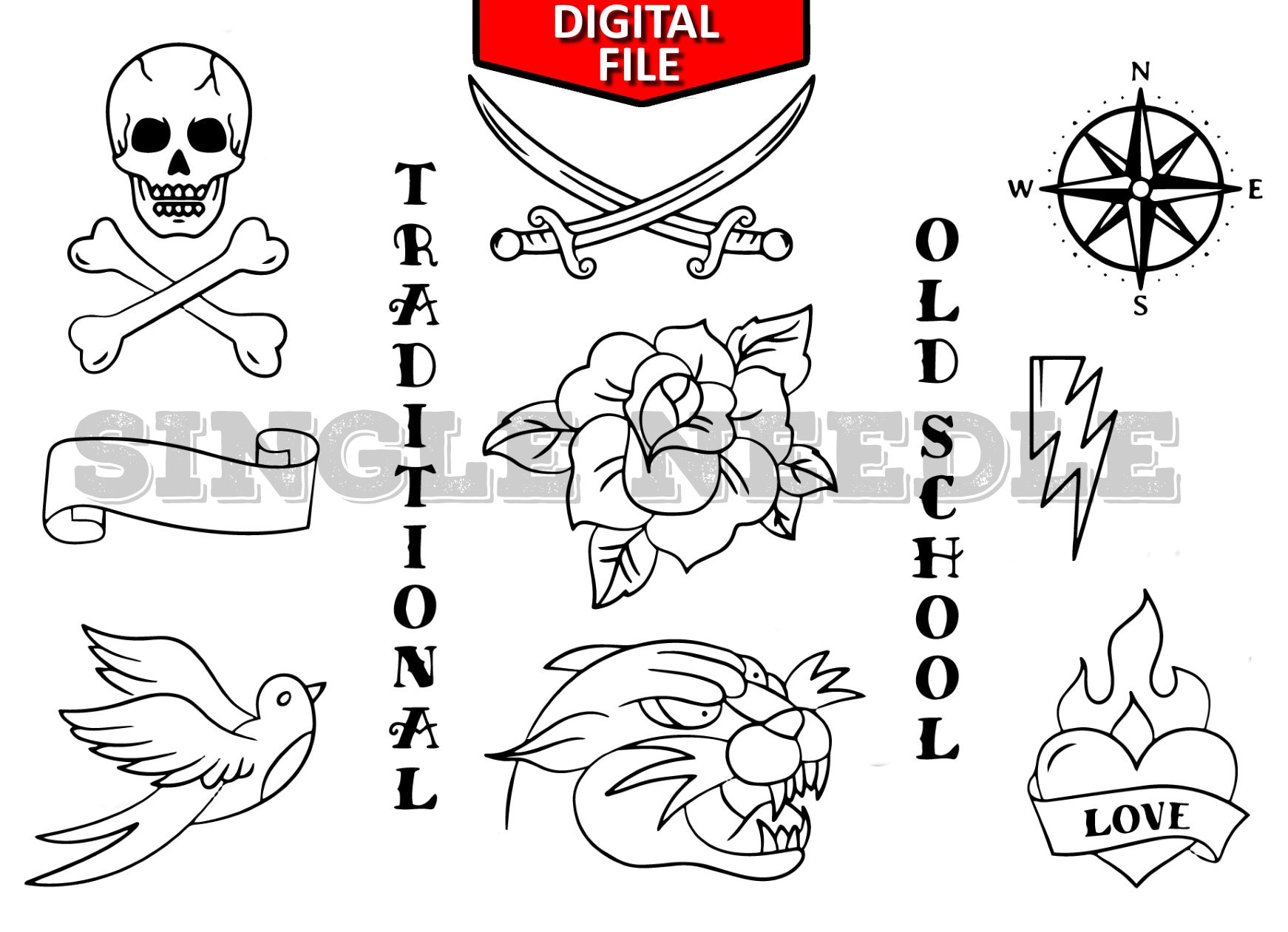 Traditional Themed Hand Poke Tattoo Flash Sheet & Stencil - Etsy